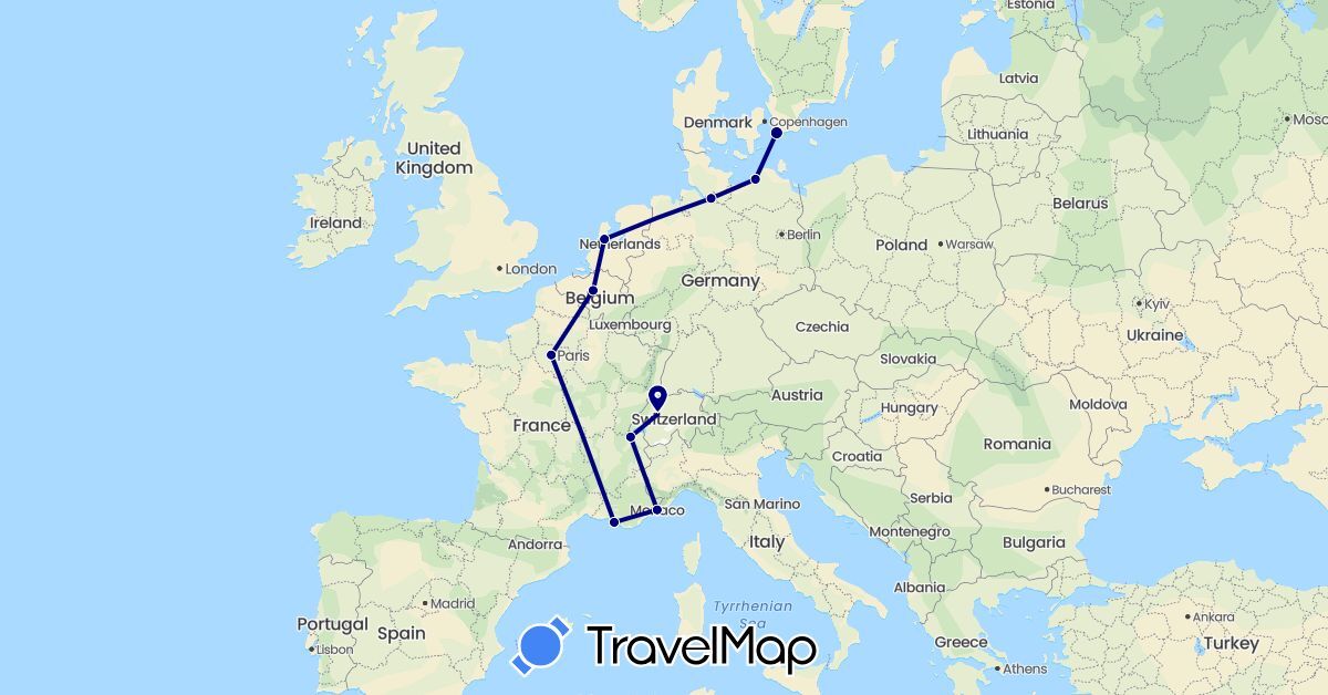 TravelMap itinerary: driving in Belgium, Switzerland, Germany, France, Monaco, Netherlands, Sweden (Europe)